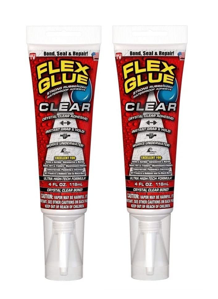 (PACK OF 2) Flex Glue Super Strong Transparent Waterproof Adhesive, 4-oz, Clear