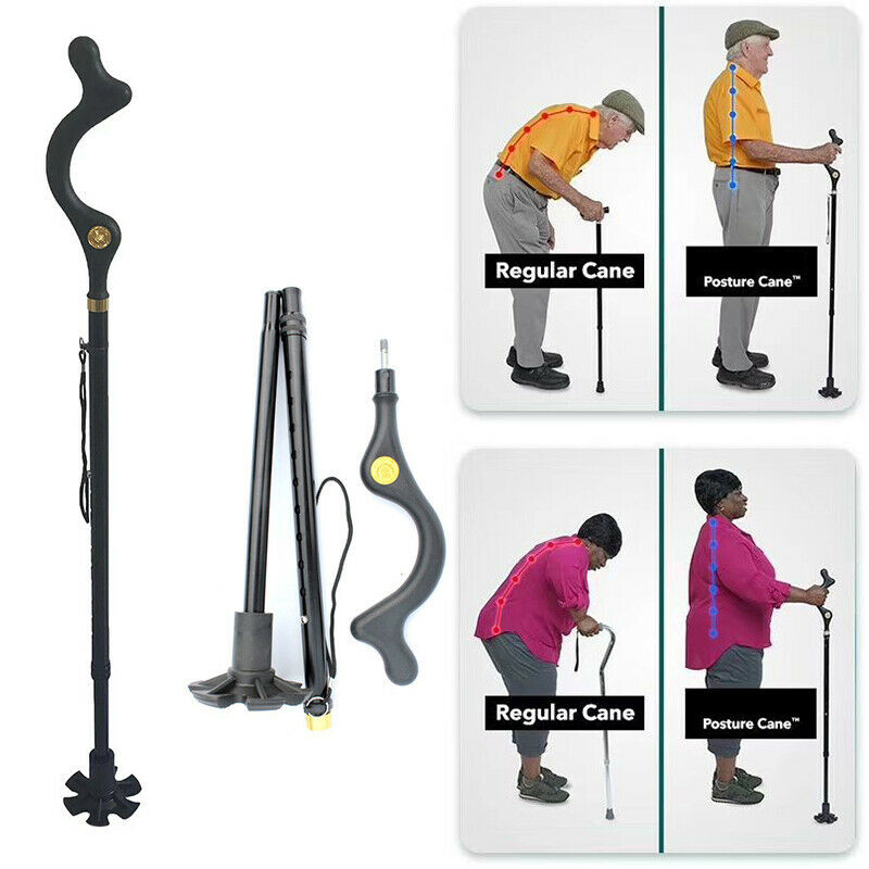 Folding Walking Stick Elder Posture Straight Cane Retractable Adjustable Height