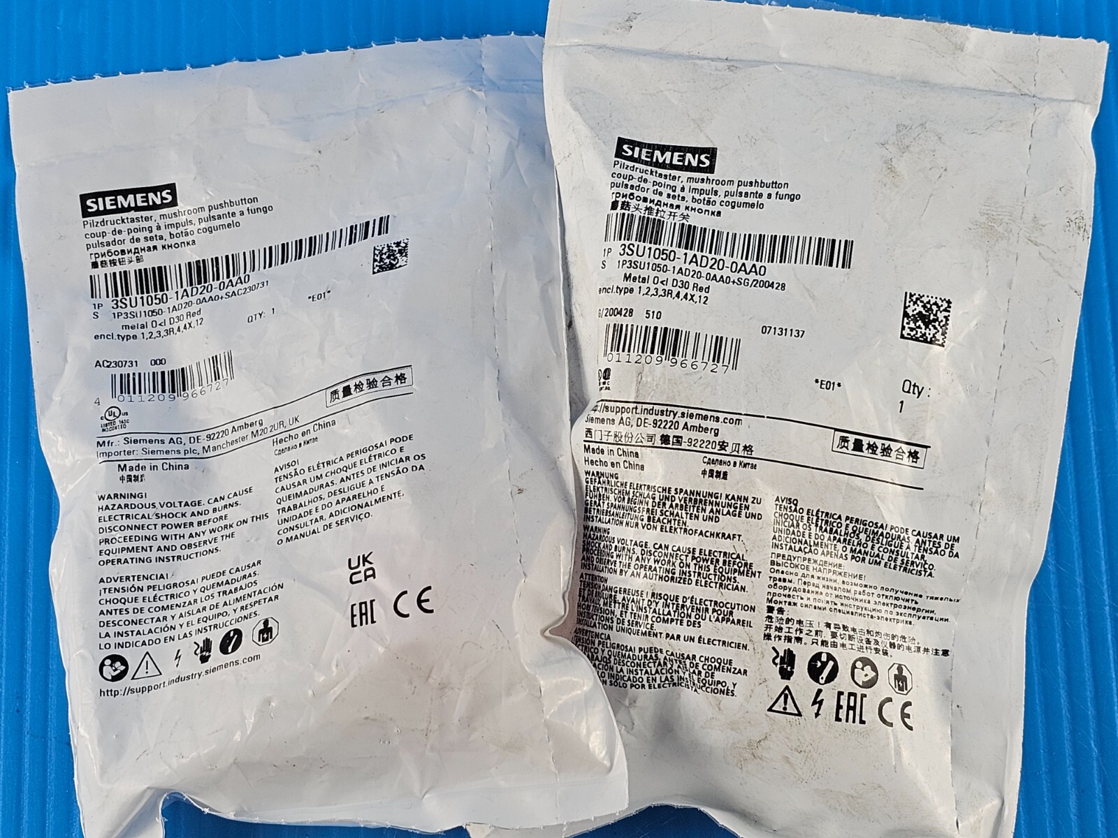 SEALED Siemens 3SU1050-1AD20-0AA0 Mushroom Pushbutton, 30mm, Metal, Red Lot of 2