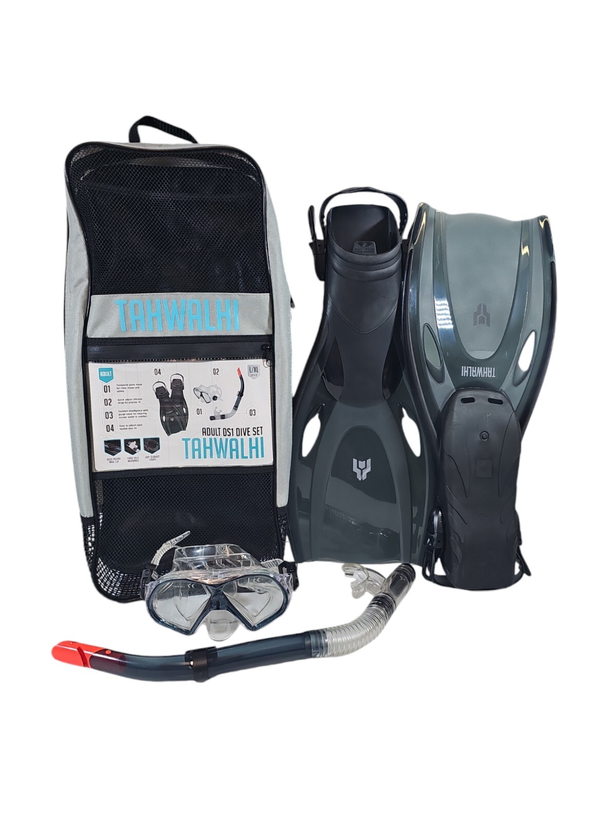 Tahwalhi Snorkel Mask & Swim Fins DS1 Dive Set Adult L/XL w/ Carry Case Backpack