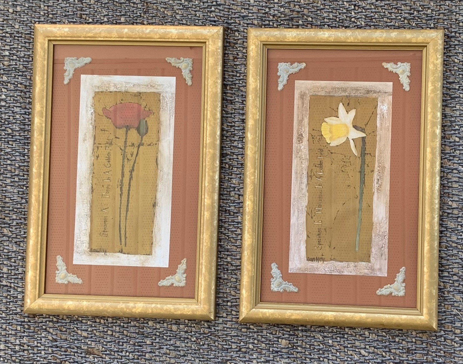 Dawn Hely Mixed Media Floral 2 piece Set, Framed, Poppy & Narcissus Art ornate