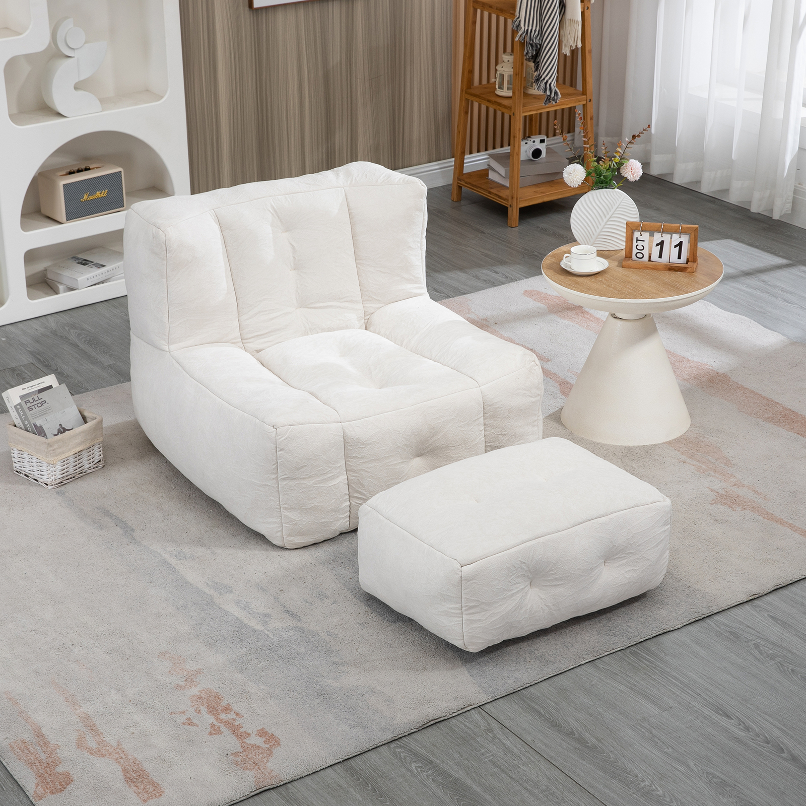 Bean Bag Chair Comfortable Bean Bag For Adults Super Soft With ottoman - White
