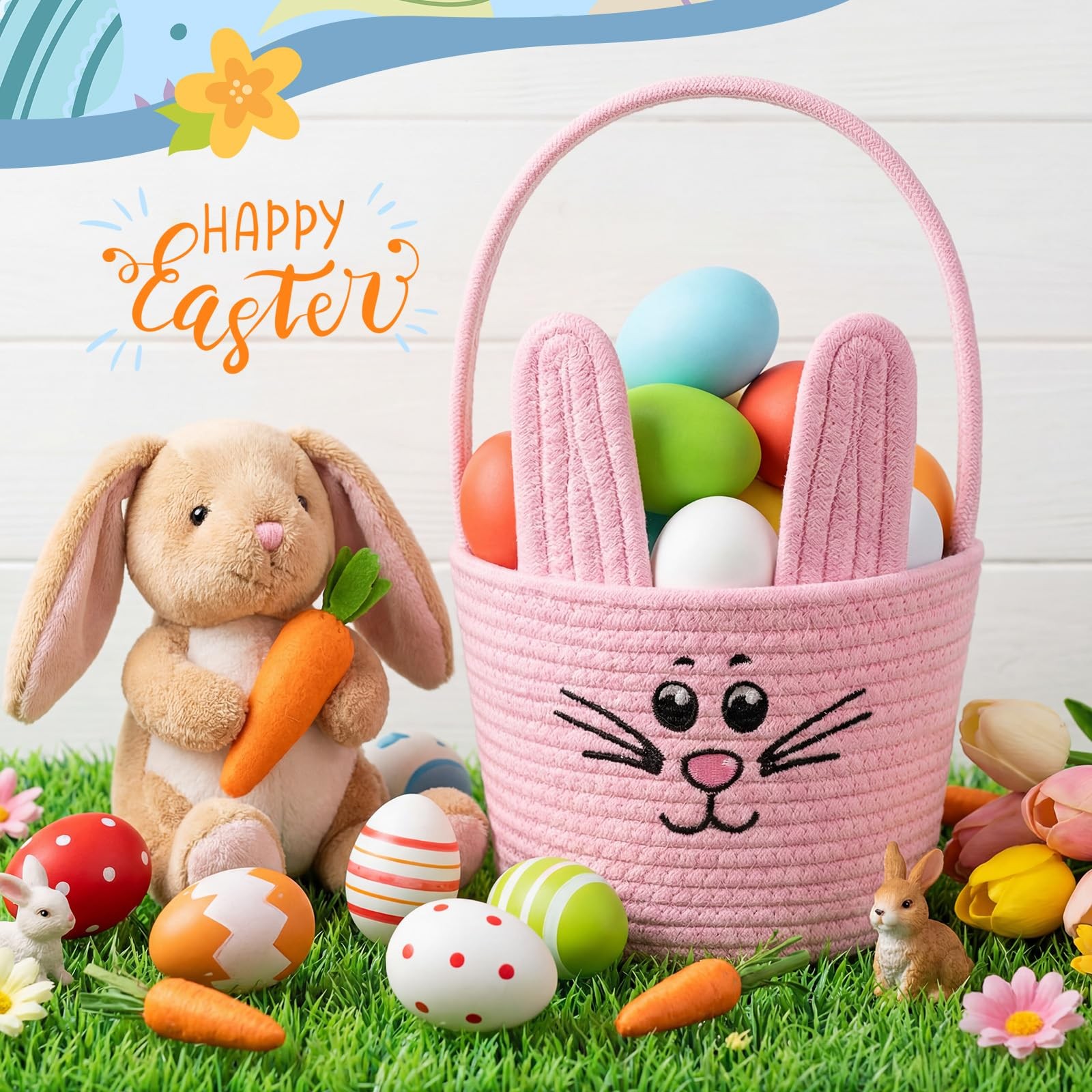 Woven Easter Baskets Woven Bunny Baskets with Handles Eggs Hunt Bucket Rabbit...