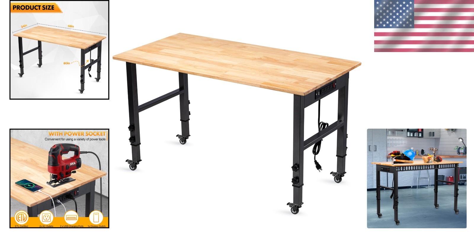 48" Rubber Wood Top Workbench - Adjustable Height & 2000 lbs Load Capacity