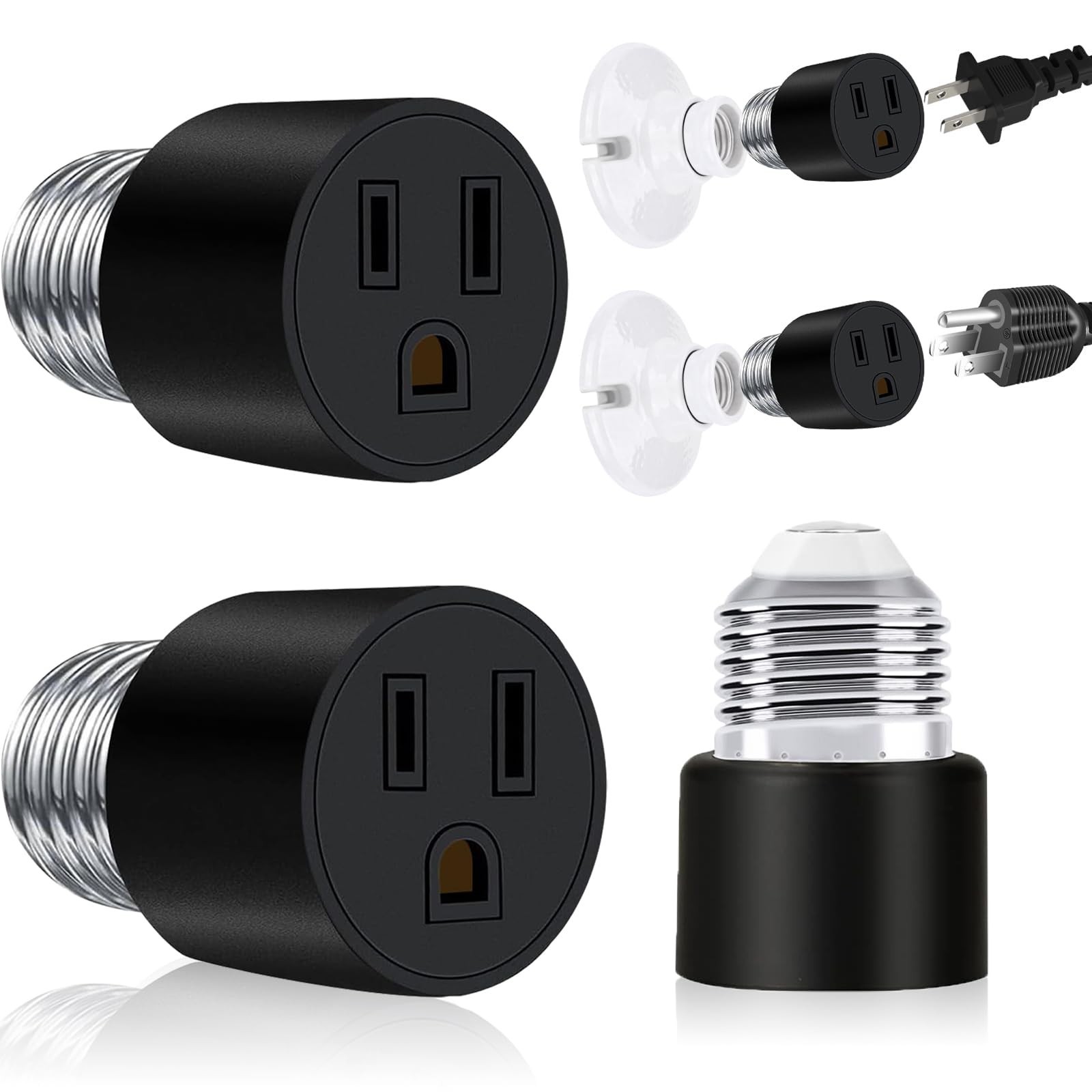 E26 3-Prong Outlet Adapter 2-Pack Black | Converts E26 to dual outlets, 1250W...