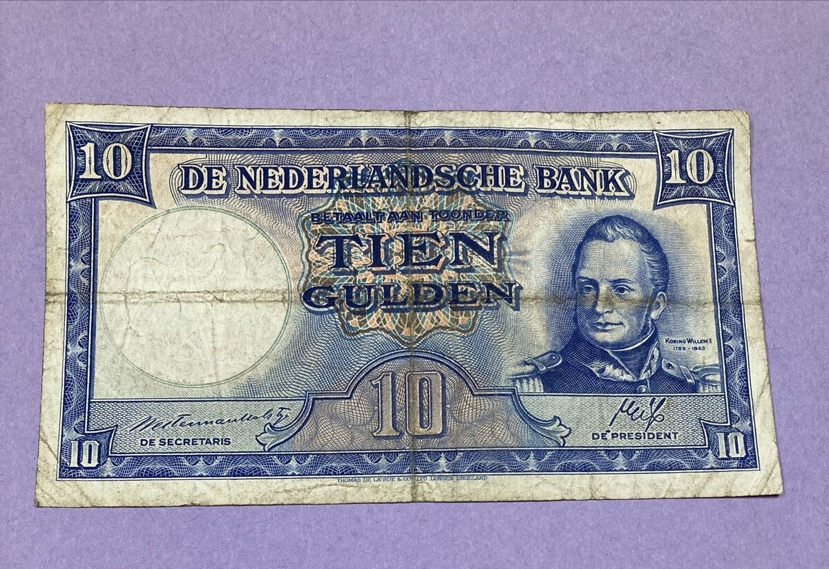 1945 Netherlands 10 Gulden .Banknote P#75a folded, vibrant colors