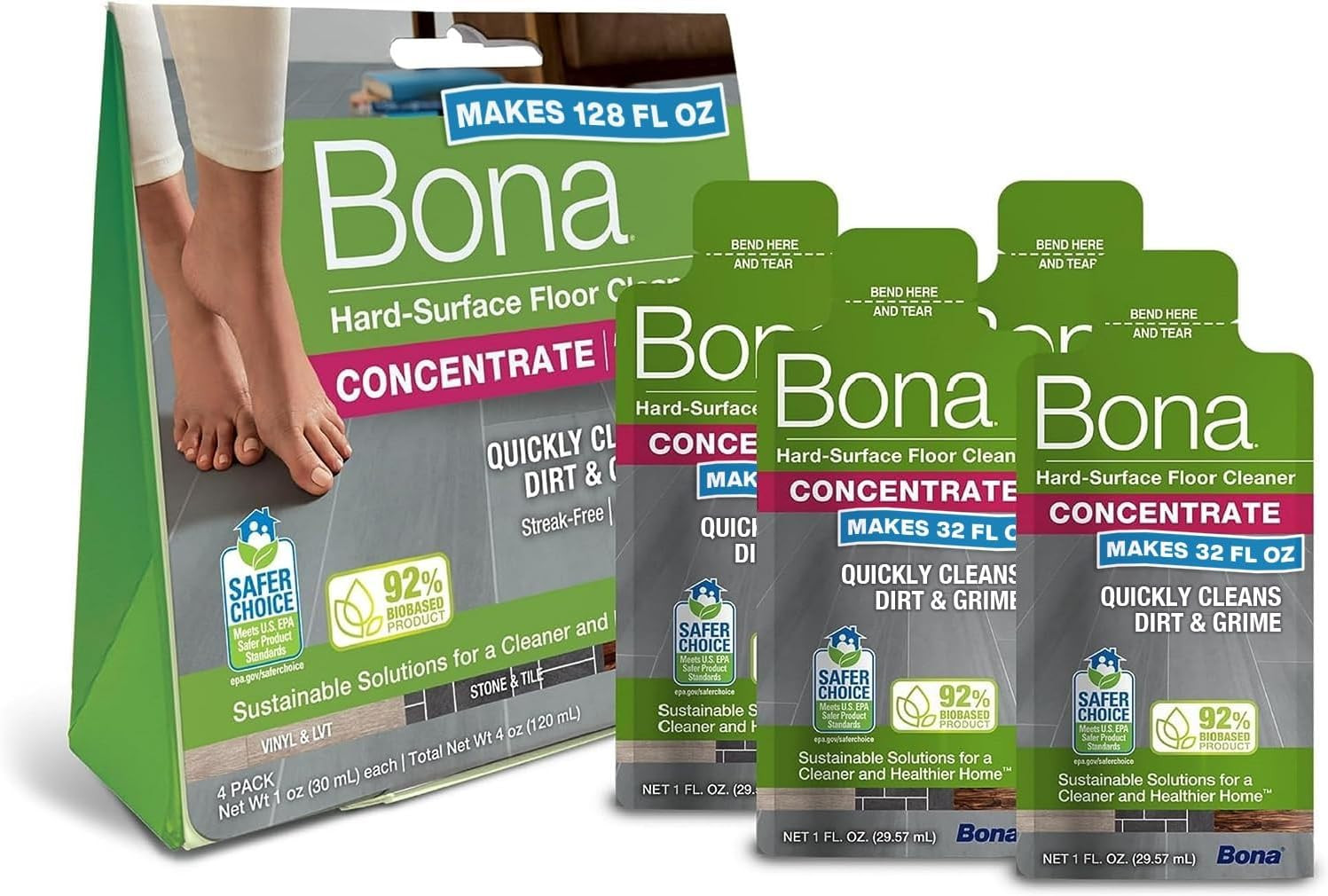 Bona Multi-Surface Floor Cleaner Concentrate - 1 Fl Oz - 4-Pack - Residue-Free F