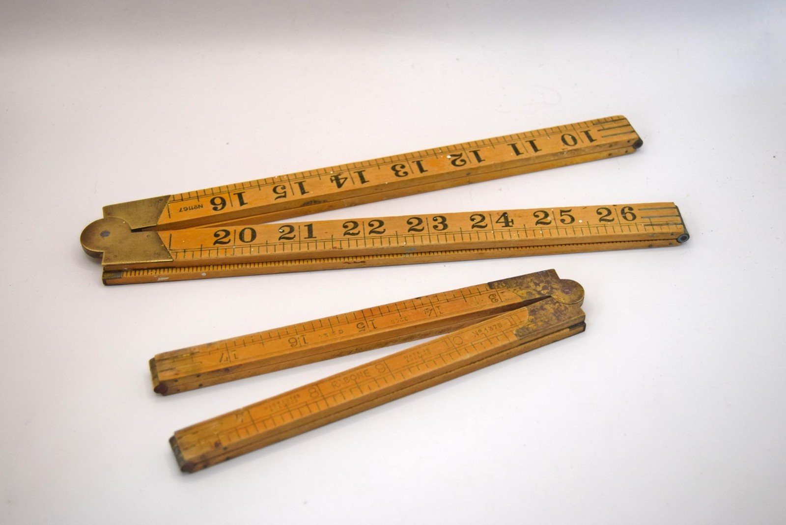 Set of 2 VINTAGE RABONE BOXWOOD BRASS MOUNTED FOLDING RULERS 36" AND 24"