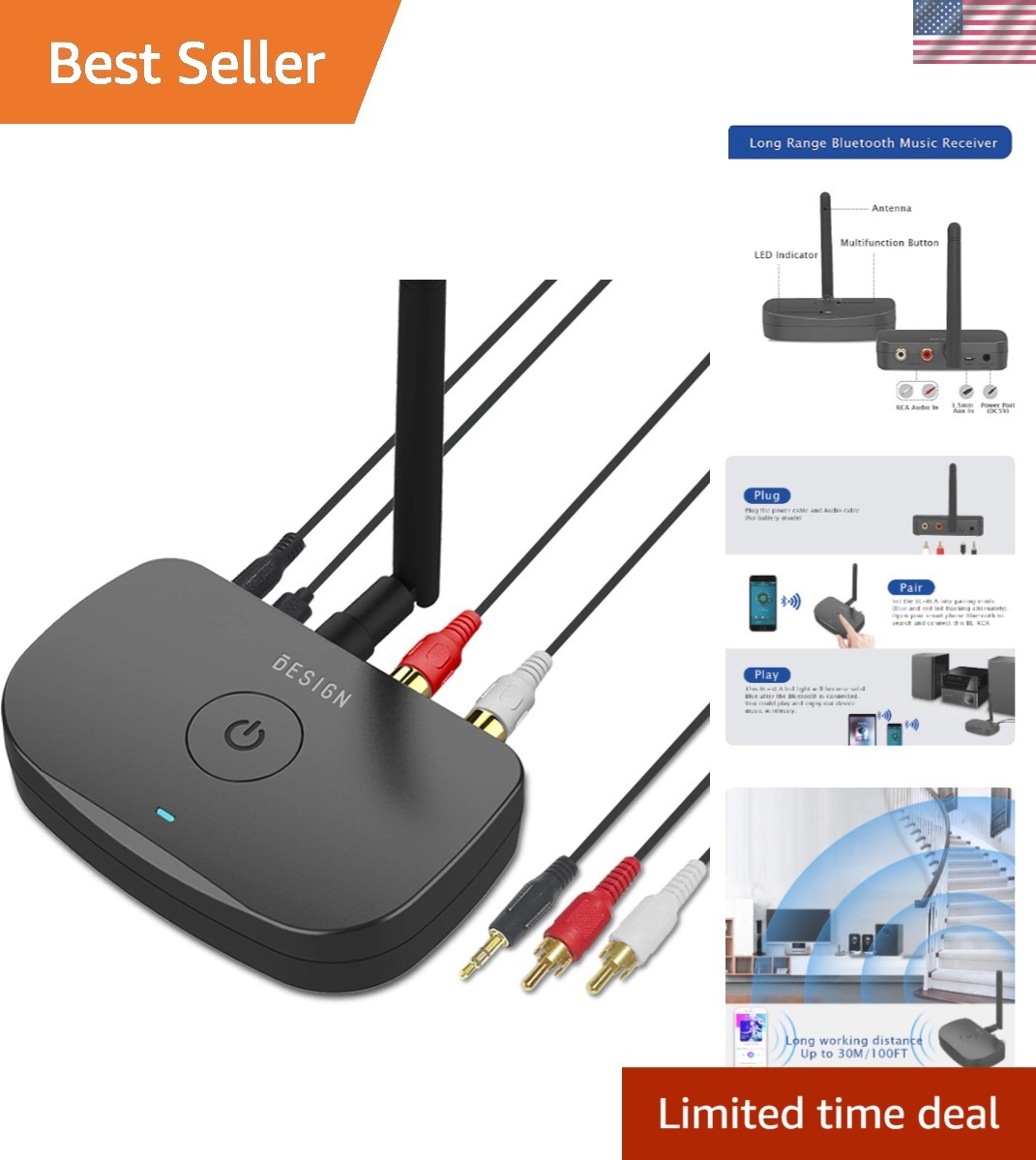 BE-RCA Bluetooth Audio Adapter for Wired Stereo - Stylish & Long Range