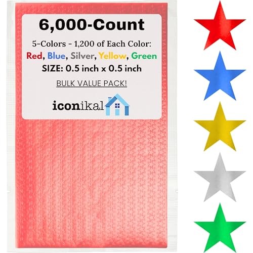 6,000 Count Bulk Metallic Foil Reward Star Stickers - 5 Colors for Classroom