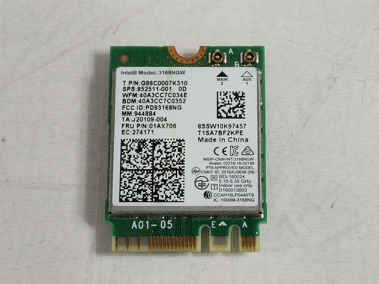 Lenovo 01AX706 Wireless-AC 3168NGW 802.11ac M.2 WiFi Card + Bluetooth 4.0