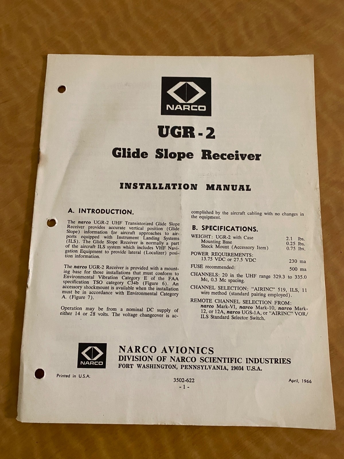Narco UGR-2 Glide Slope Receiver Installation Manual (1966)