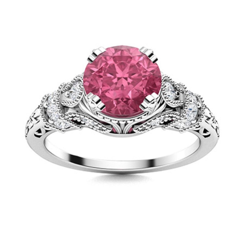 937 Sterling Silver 5MM Round Pink Topaz Solitaire with Accents Wedding Ring
