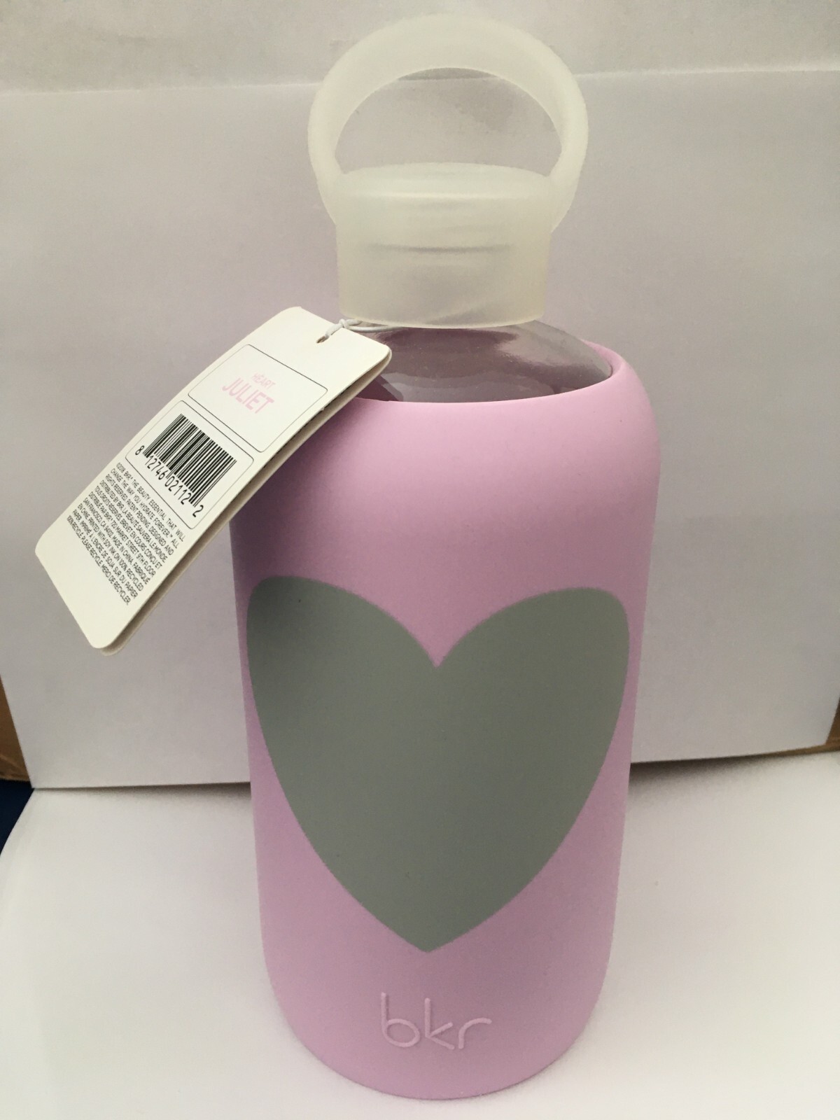 BKR Glass Water Bottle Silicone Sleeve Juliet Lavender with Grey Heart 1L/32oz