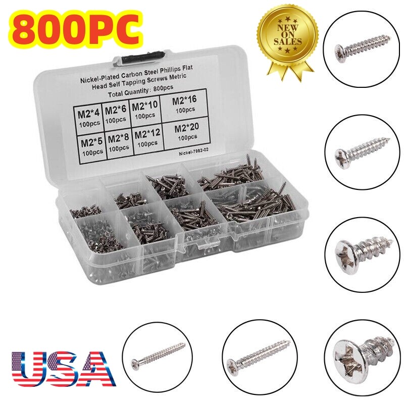 800Pcs Stainless Steel Self Tapping Screw Assortment Kit Lock Nut Wood