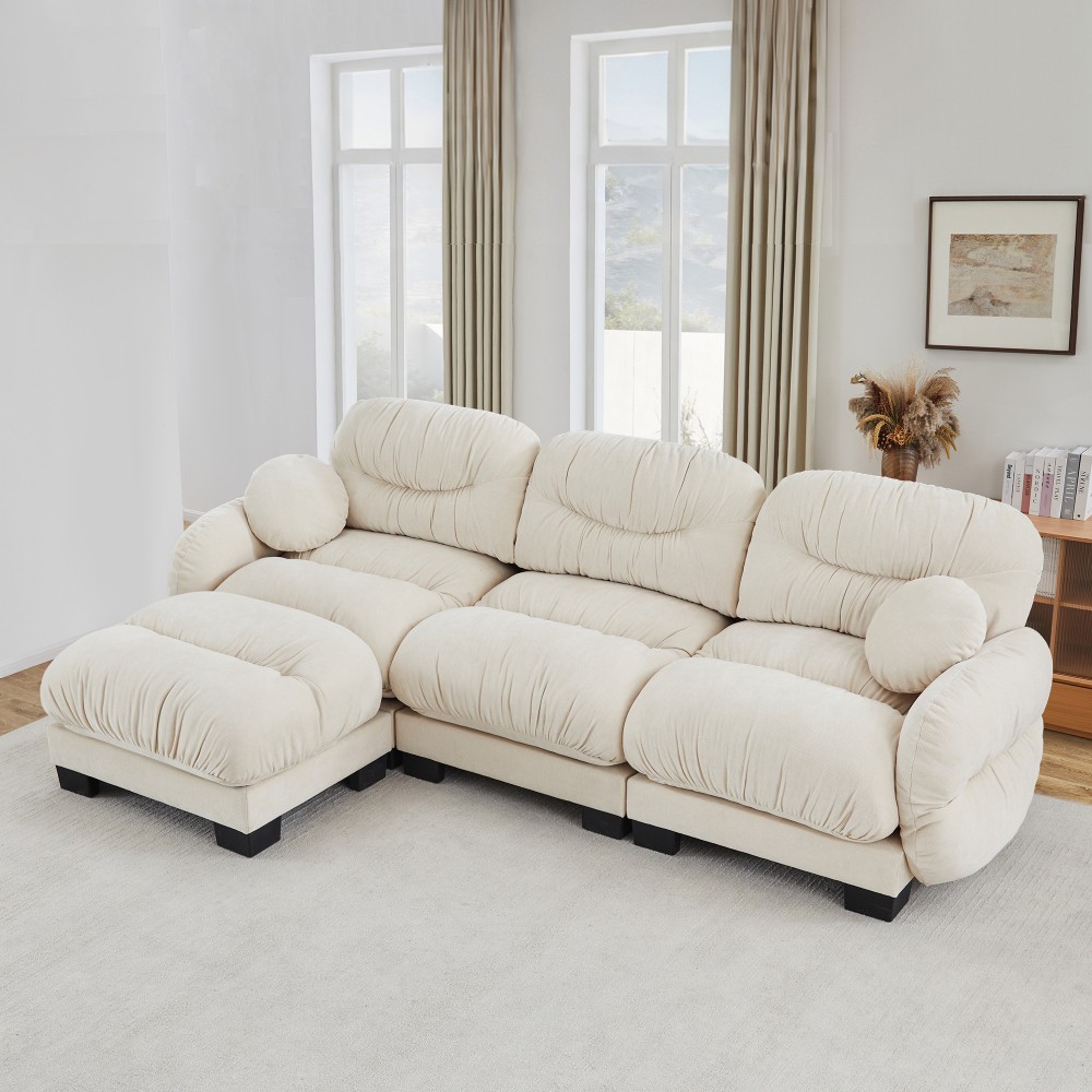 Chenille L-Shape Sectional Sofa w/ Ottoman, 3-Seater Modular Couch, Beige