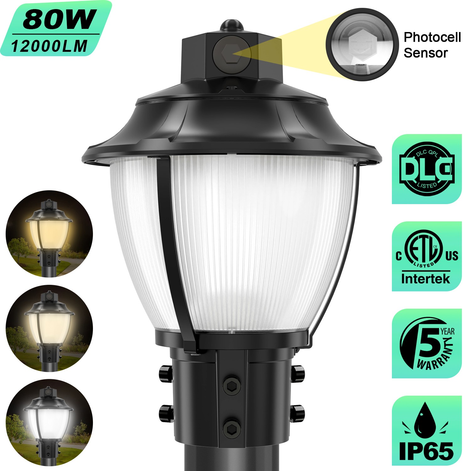80W LED Post Top Light 3K/4K/5000K Outdoor Garden Yard Pole Light Dusk to Dawn