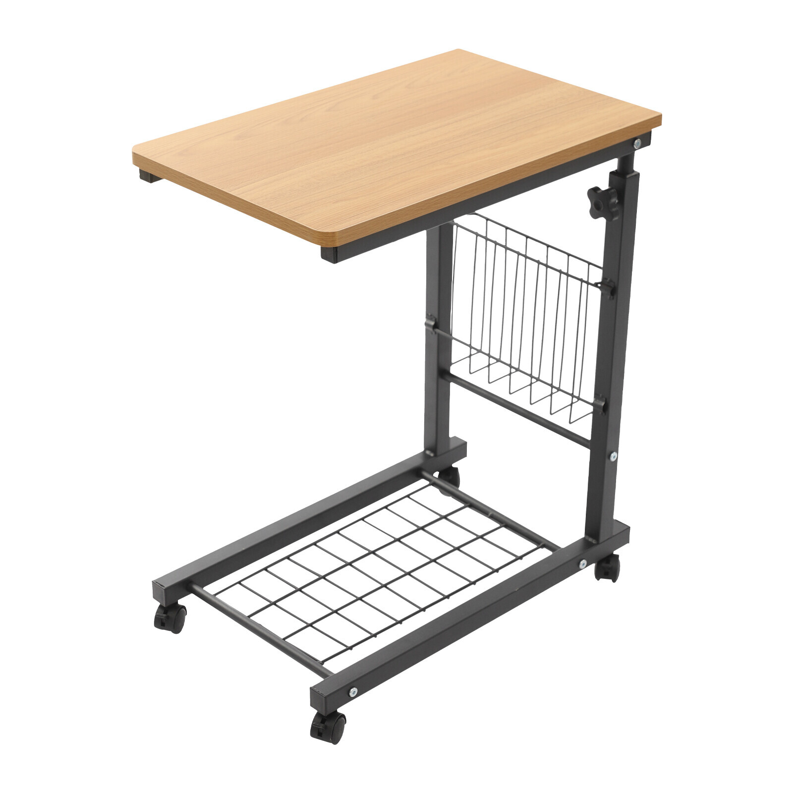 Height Adjustable C-Shaped Teak 2-Tier Bedside Table with Wheels & Brakes