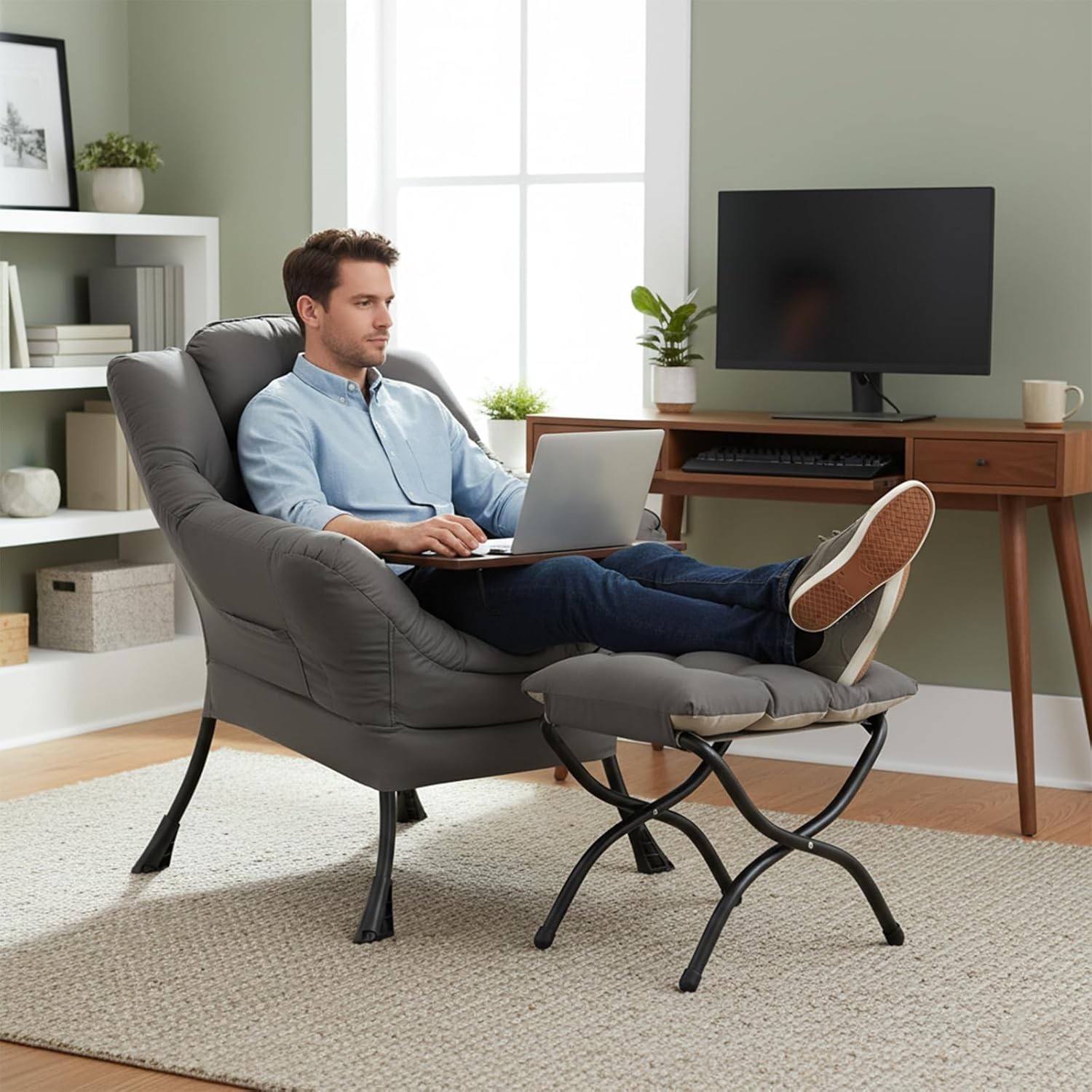 Lazy Chair W/ Ottoman Modern Lounge Accent Chair W/ Armrests & a Side Pocket