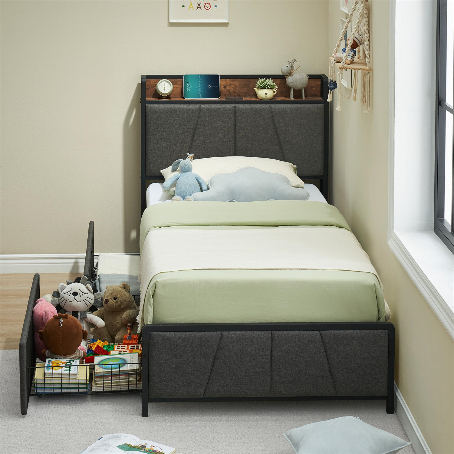 Twin Size Bed Frame with 2 Storage Drawers Linen Upholstered Platform Bedframe