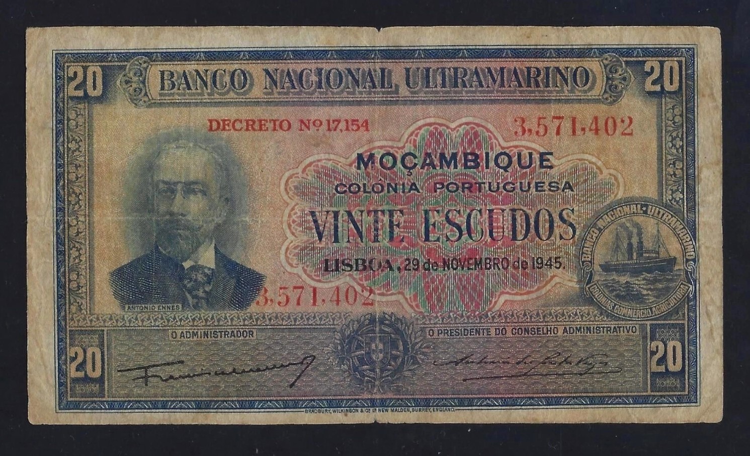 PORTUGAL  MOZAMBIQUE 20 Escudos 1945 P-96 RARE FINE