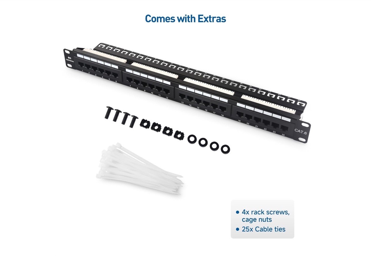 Cable Matters 24-Port Cat6 RJ45 Patch Panel 1U Rackmount Network Support Bar NIB