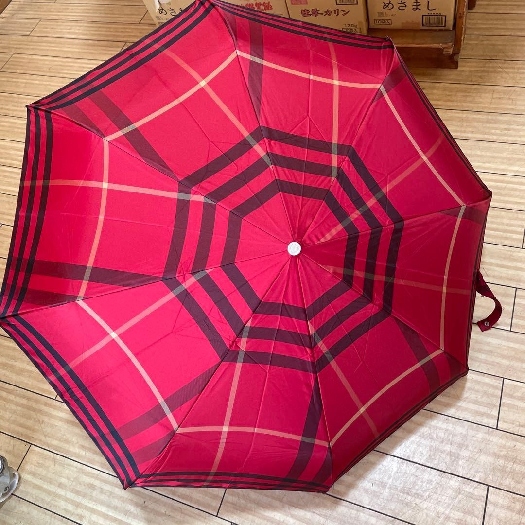 Burberry Folding Umbrella Red Nova Check Pattern Manual Open Polyester