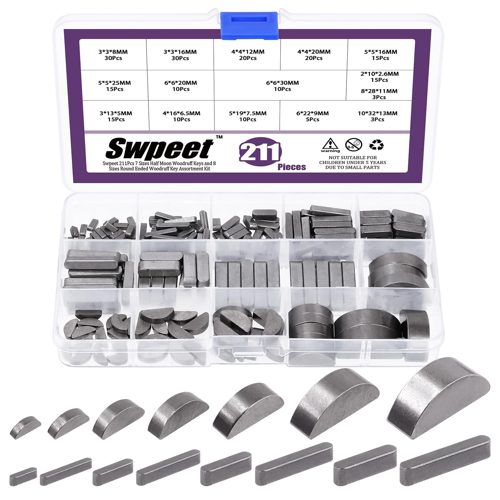Swpeet 211Pcs Metric Woodruff Key Assortment Kit with 15 Sizes Woodruff...