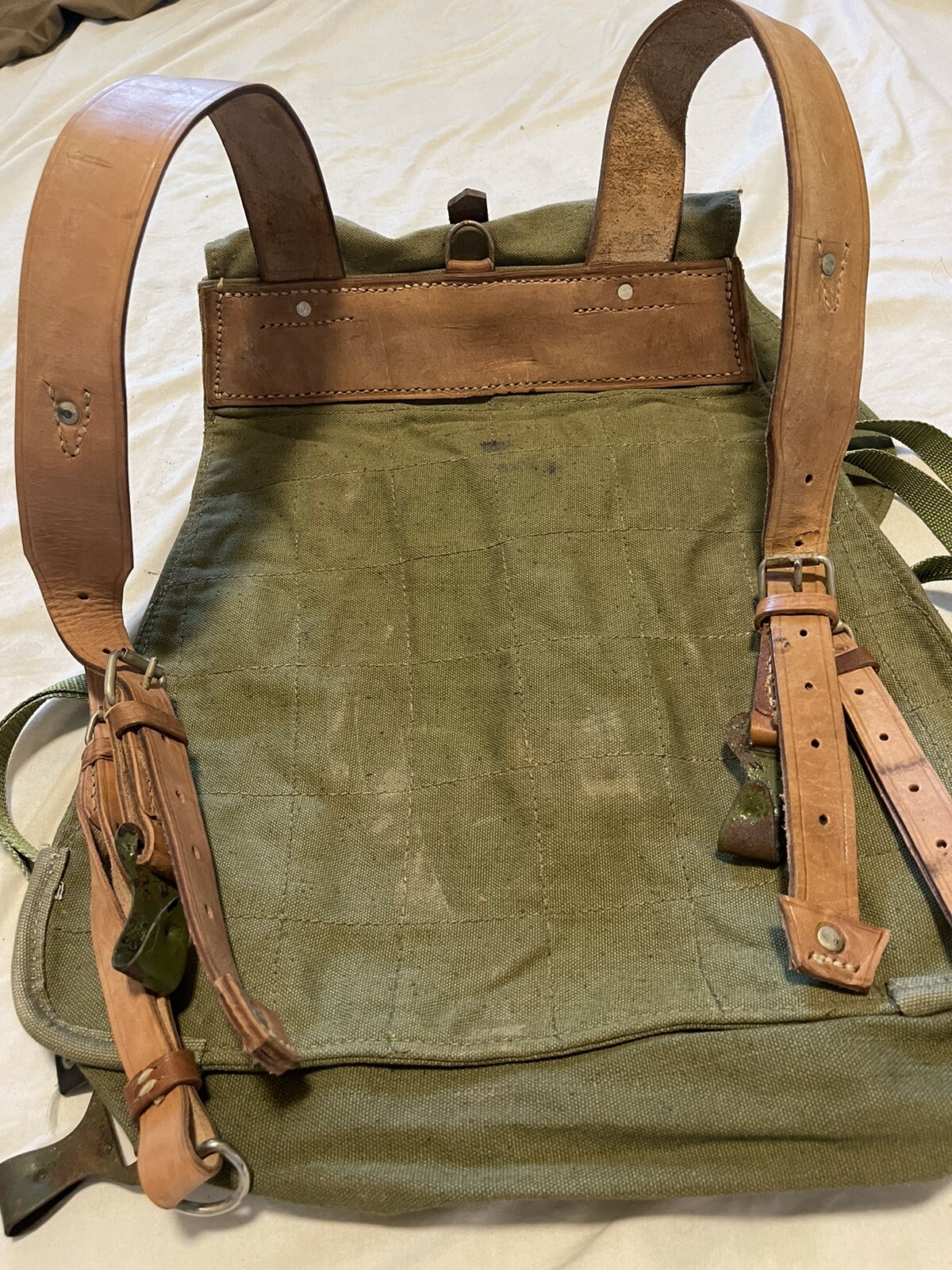 Vintage Romanian Army Canvas Backpack With Leather Shoulder Straps.