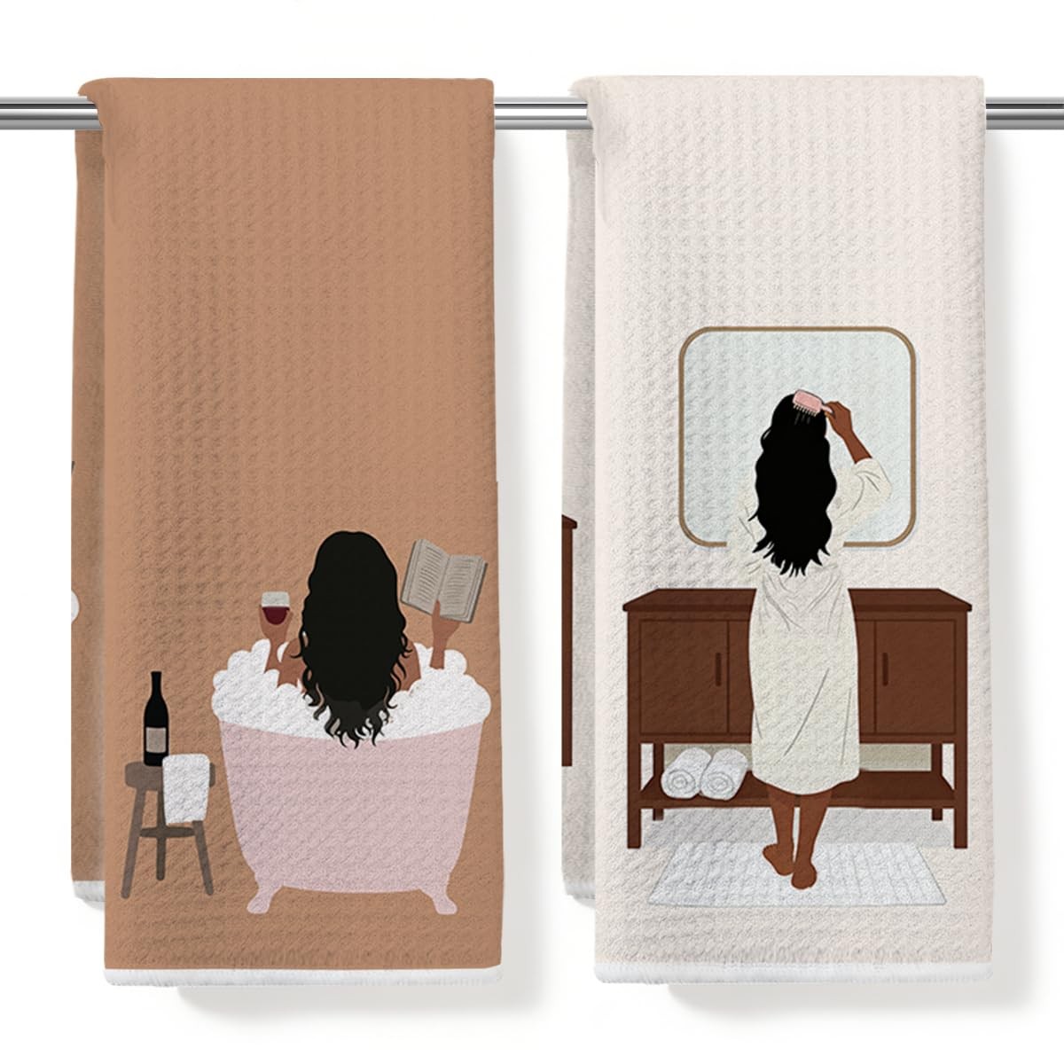 African Woman Bathroom Hand Towels Sets of 2 Waffle Kitchen Towels African Fe...