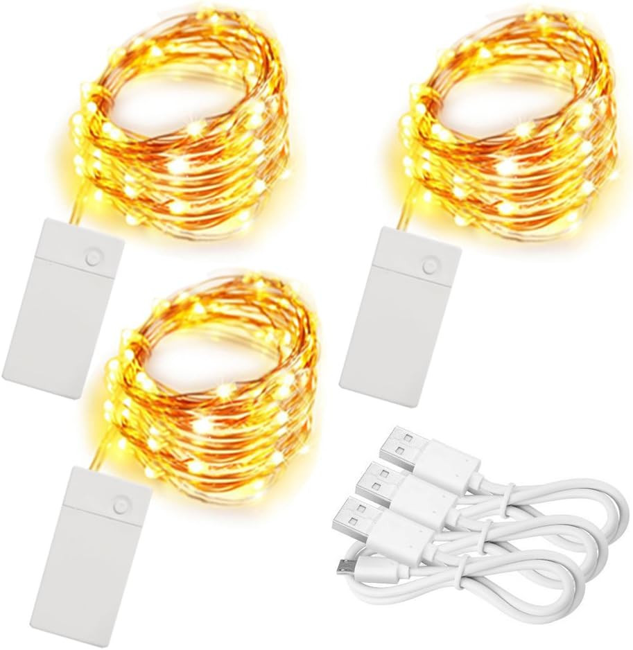 3 Pack Rechargeable Fairy Lights 10Ft 30 LED, 4 Modes Battery Copper Wire String