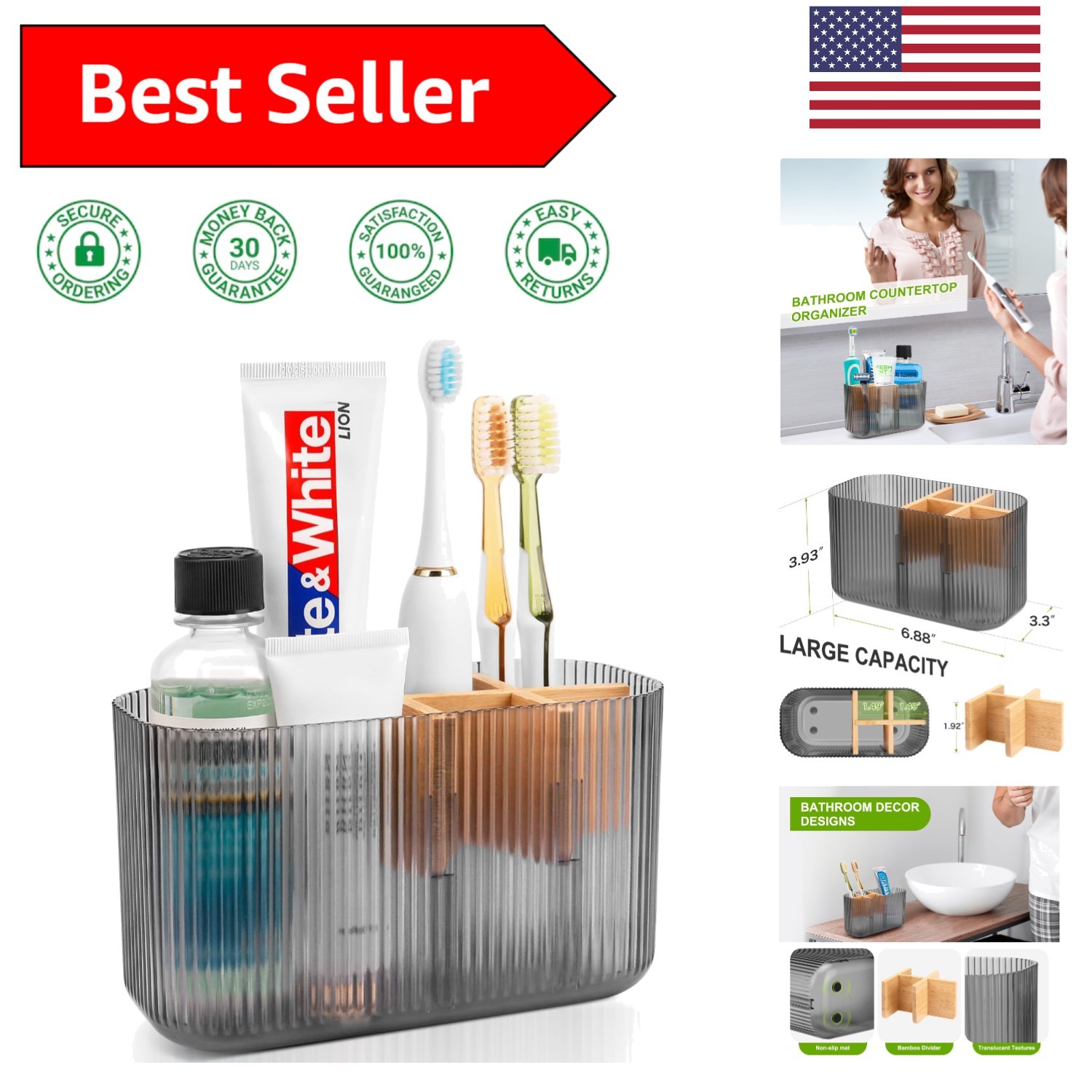 Stylish 5-Slot Toothbrush Holder for Bathroom - Eco-Friendly Countertop Caddy