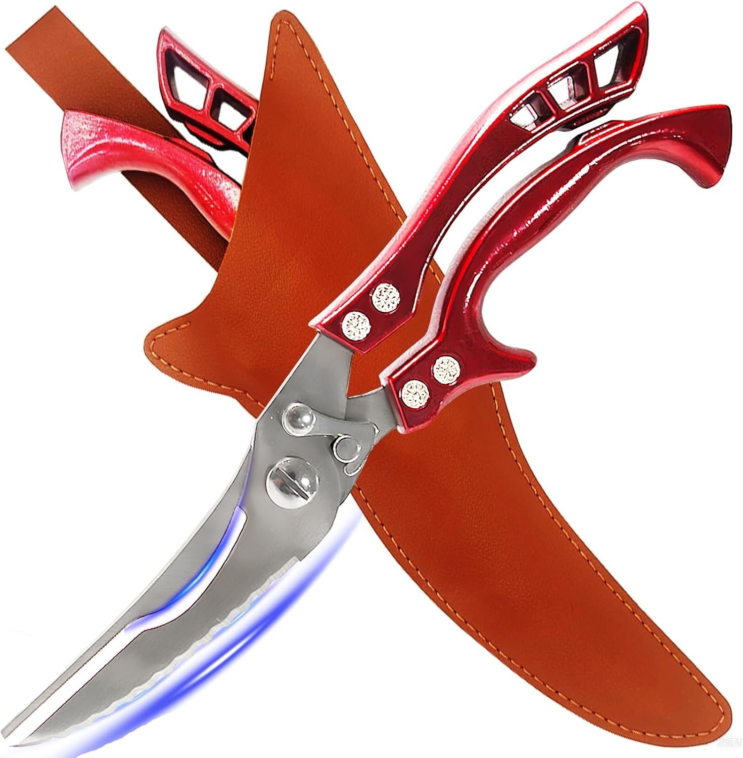 Versatile Heavy-Duty Kitchen Scissors - Non-Slip Red Handles & Leather Sheath