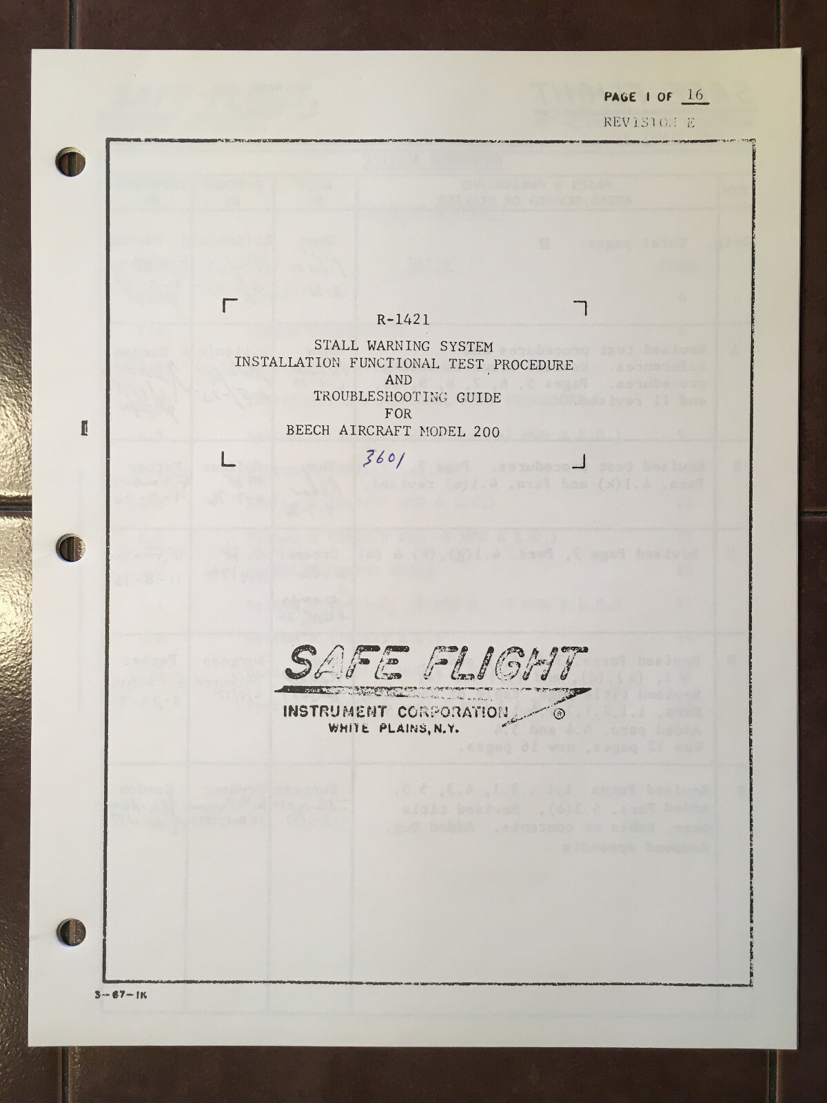 Safe Flight R-1421 Stall Warning Install, Test, Troubleshooting Guide for 3601