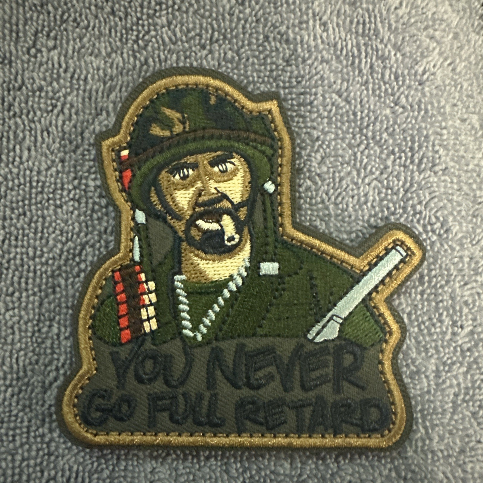 TROPIC THUNDER YOU NEVER GO FULL RETARD 3x3 Embroidered Morale Patch Brand New