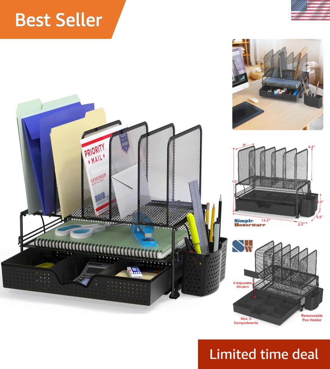 Compact Desk File Organizer in Black - Perfect for Workspace Tidiness and Style