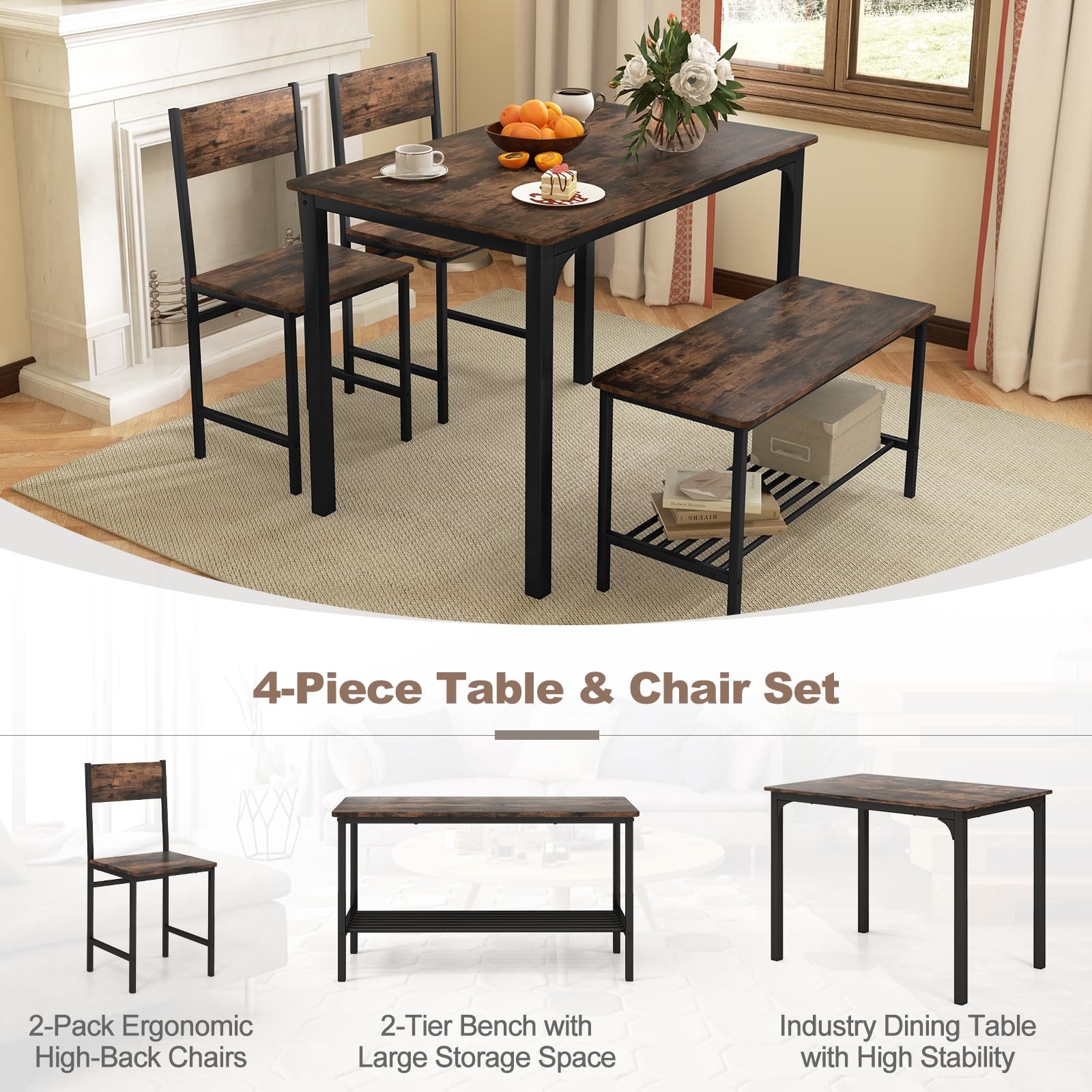 Dining Table Set for 4 Modern Industrial Kitchen Table with Bench Chairs