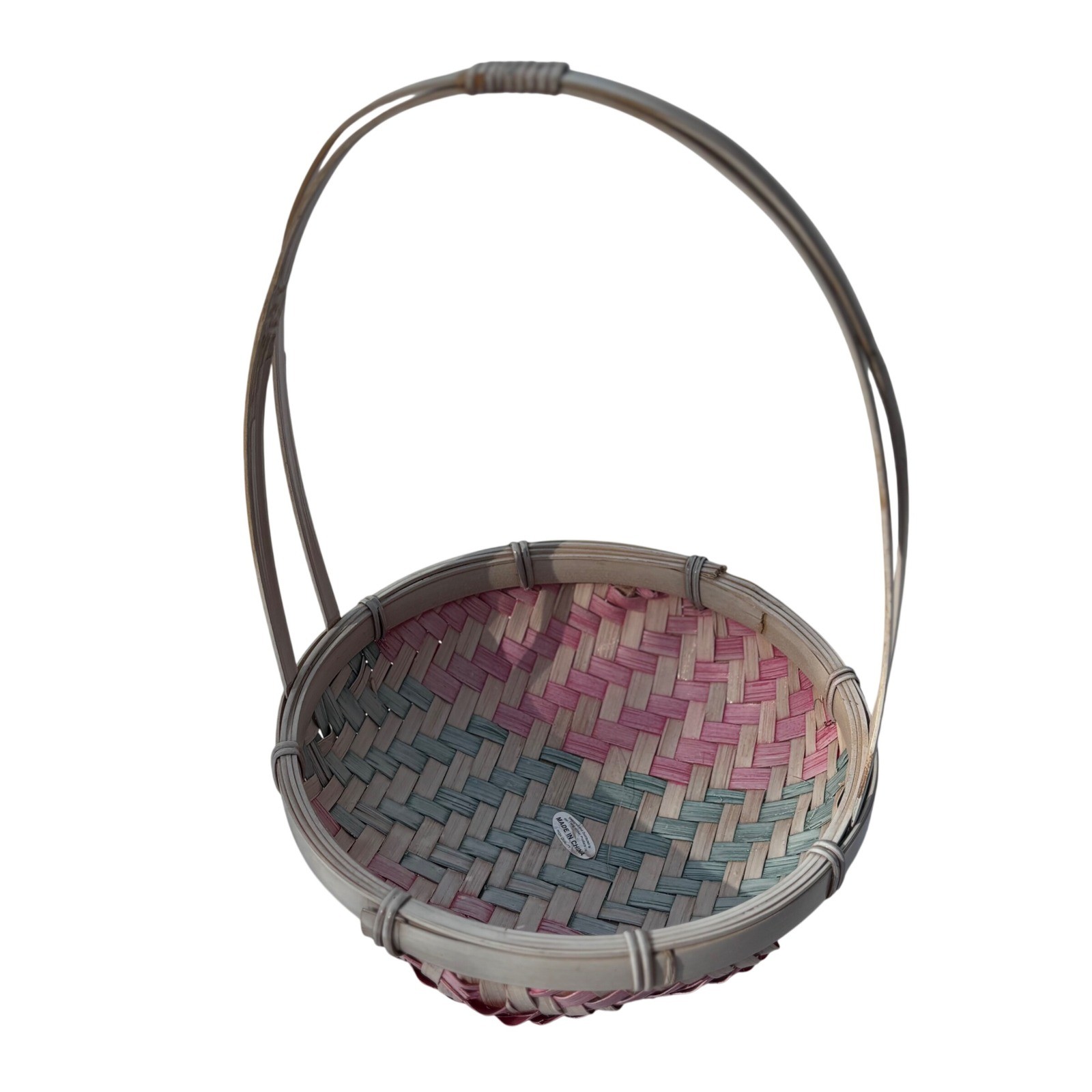 Vintage Pink Teal Woven Bamboo Basket Round Handle Easter Spring 1960s retro