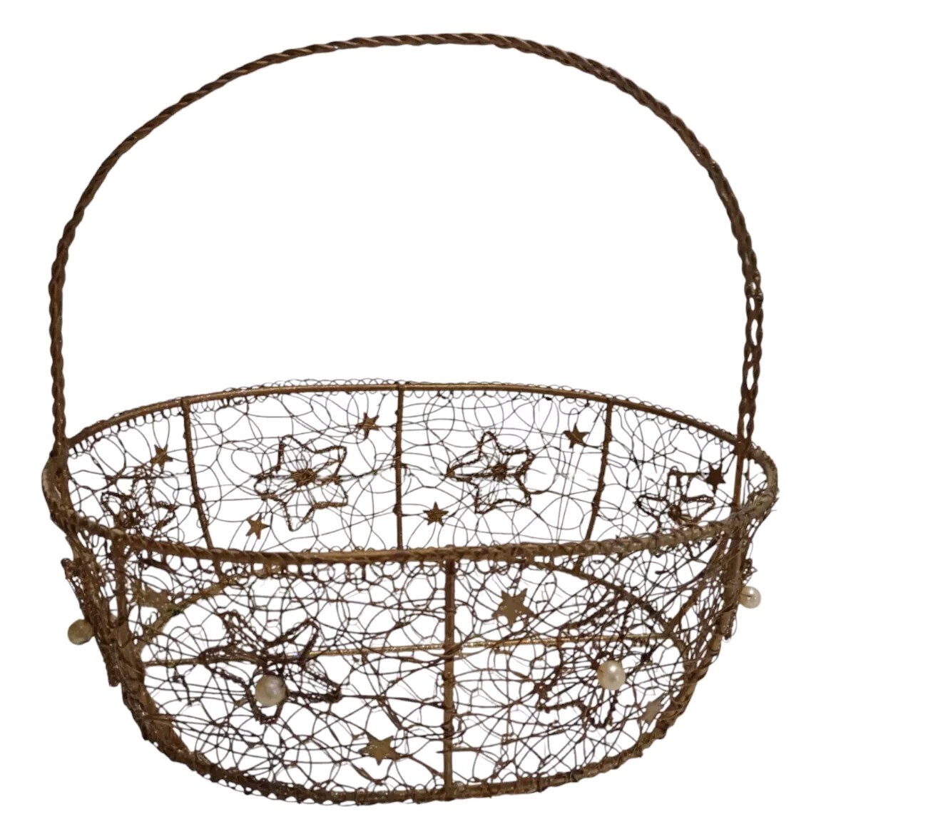 Gold Toned Wire Basket With Pearls And Stars Christmas Holiday Rustic