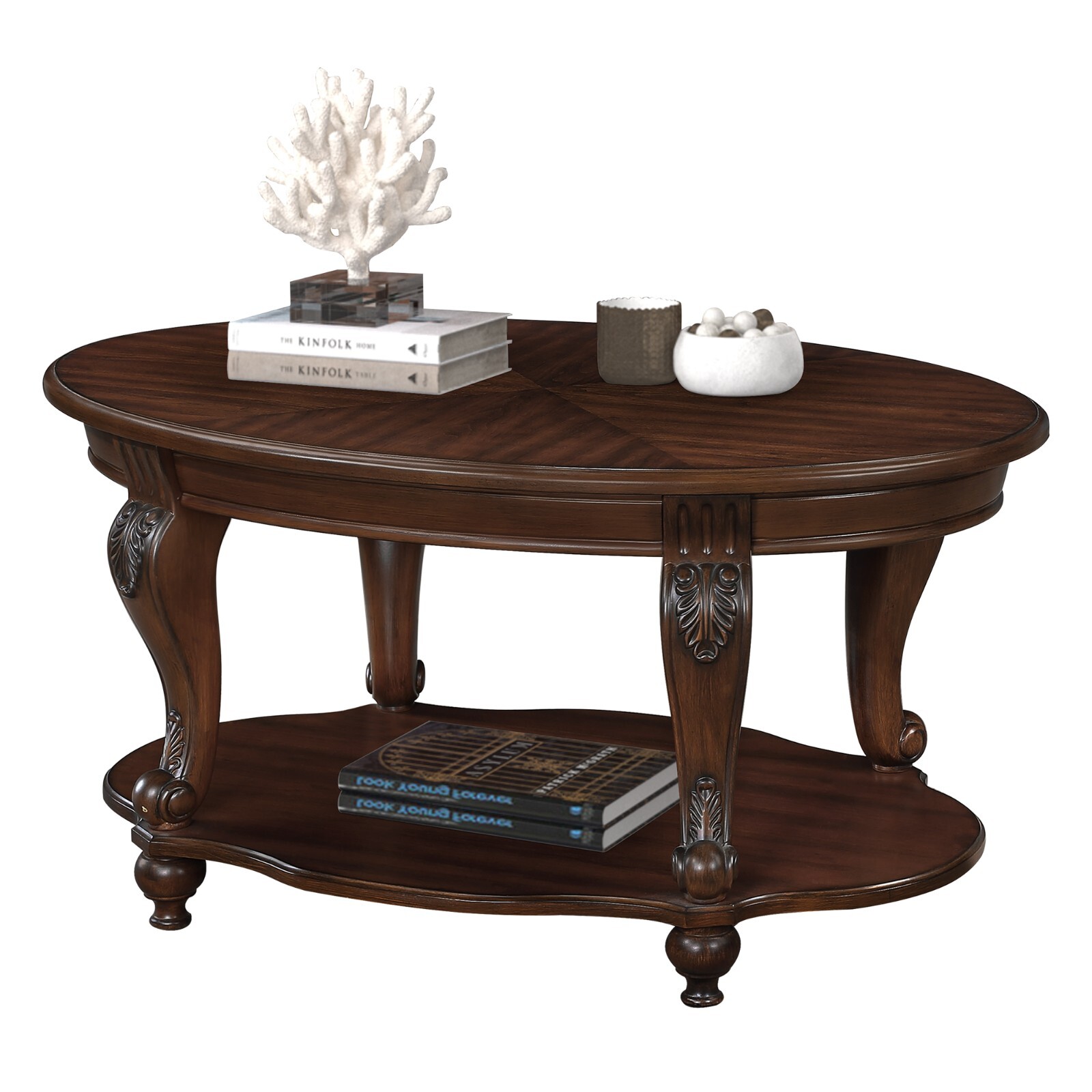 Classic Oval Wood Coffee Table 2-Tier Cocktail Table With Open Storage Shelf