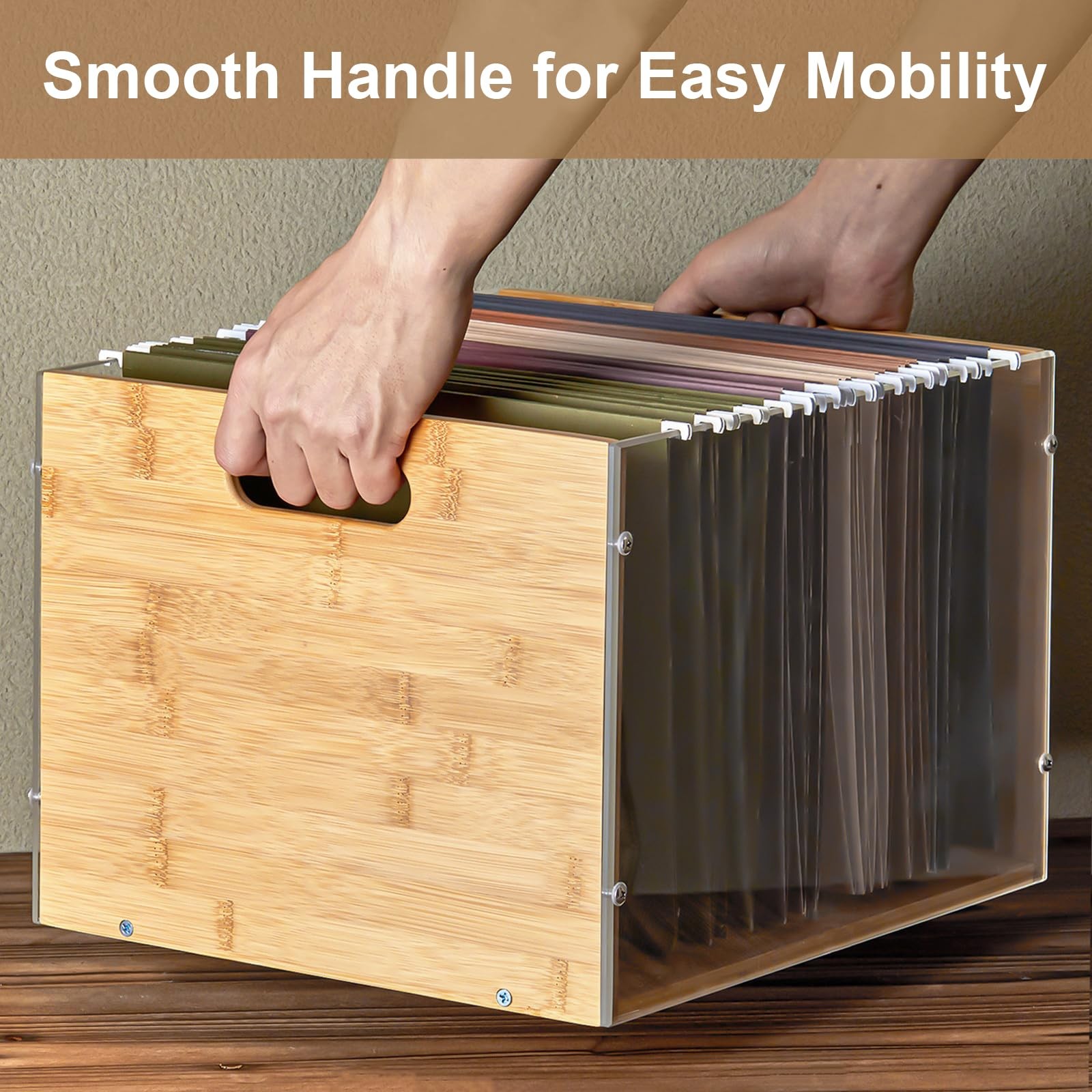 Clear Acrylic File Box Organizer, Bamboo Hanging Folder Storage Boxes, Filing...