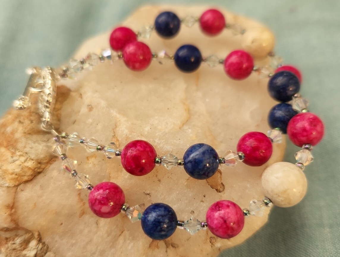Ladies Bracelet Stone Crystals Double layer Pink Blue White  Beaded 7.5inch NEW