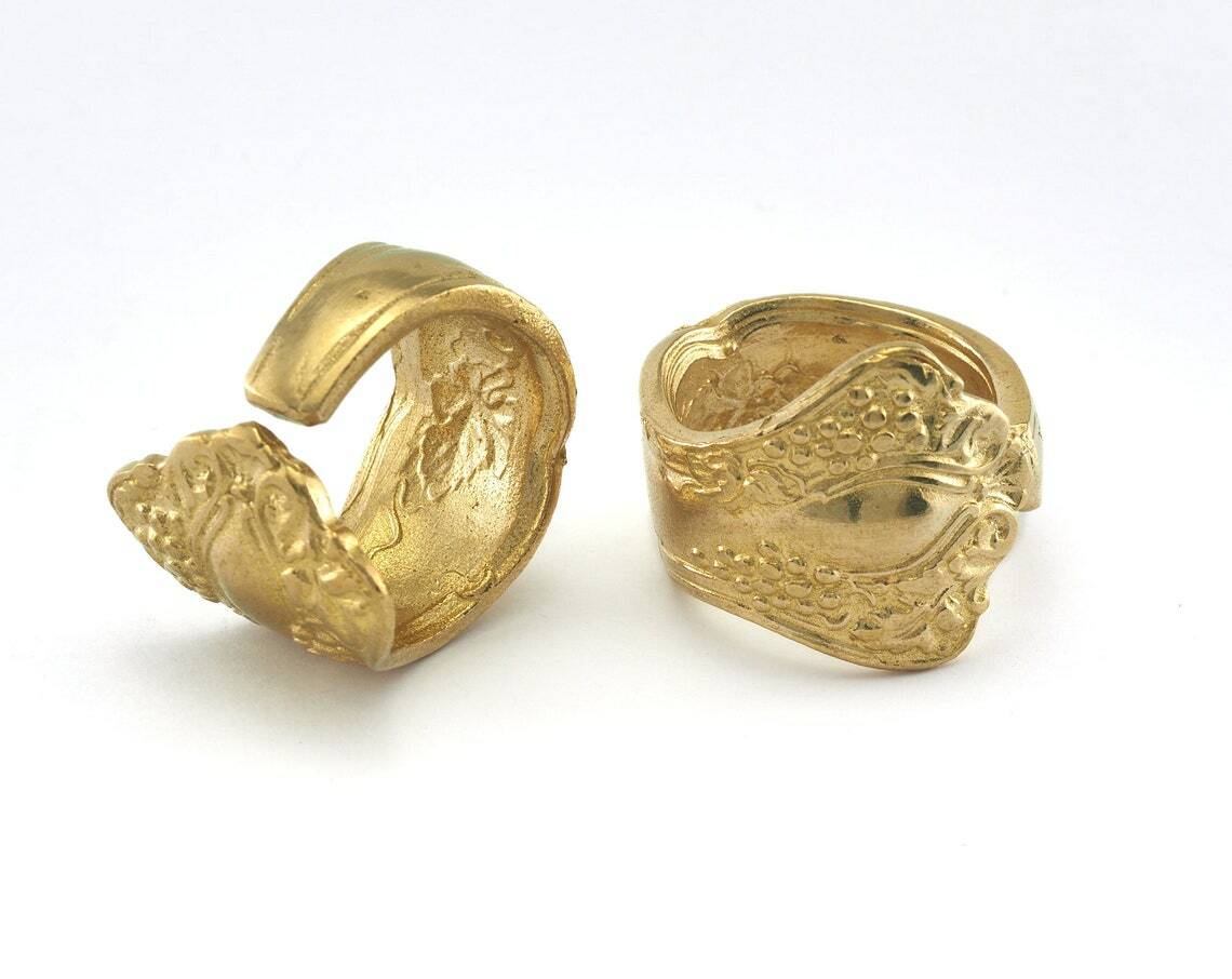 Spoon Ring Flower Patterned Adjustable Ring Raw Brass 17.5mm 7US inner size 2683