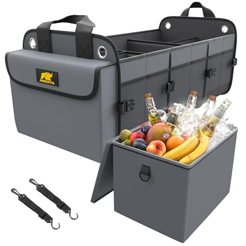 Car Trunk Organizer with Cooler - 100L Large Car Organizer, 1680D Oxford Gray