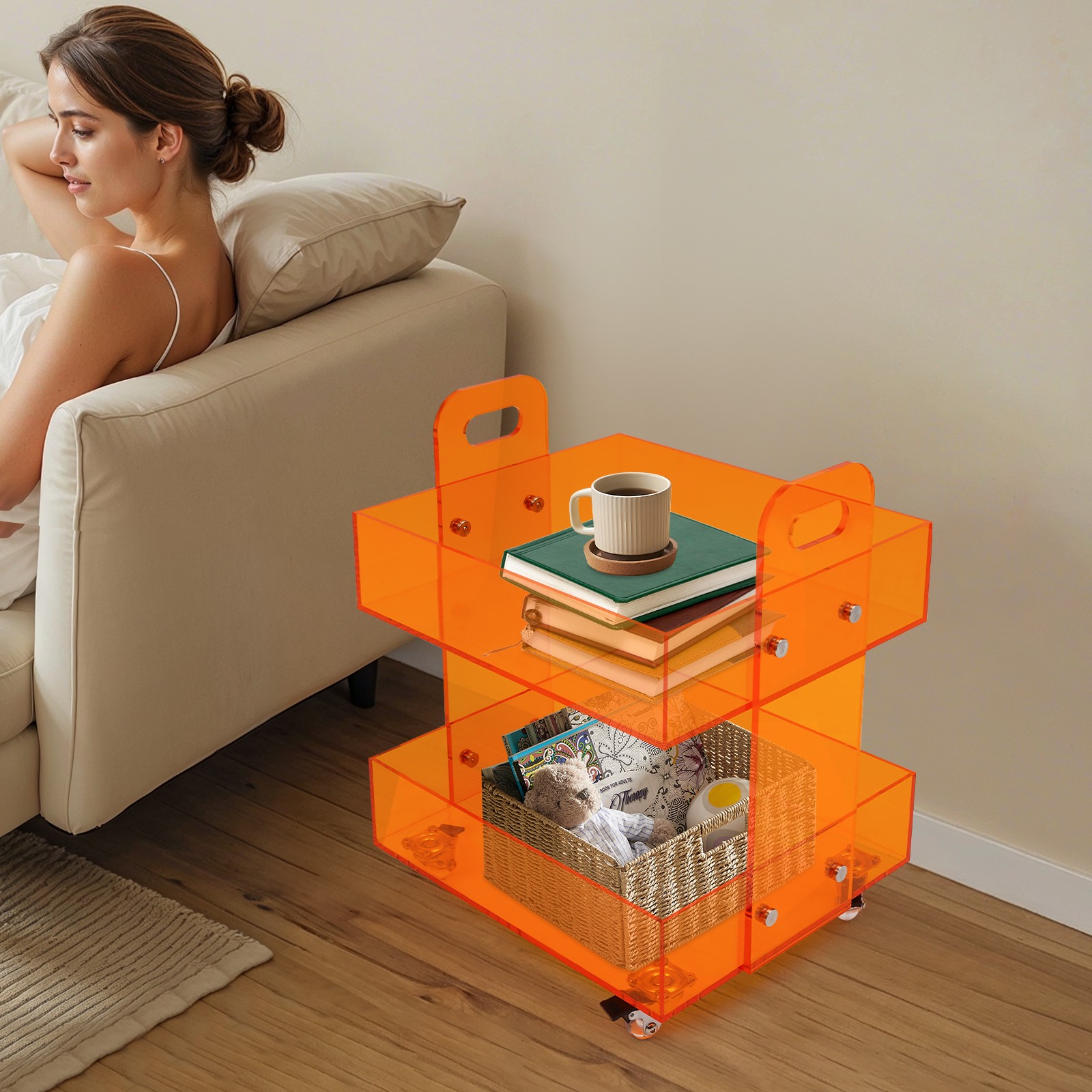 Acrylic Side Table Free Standing Storage Rack with Wheels Modern Bedside Table