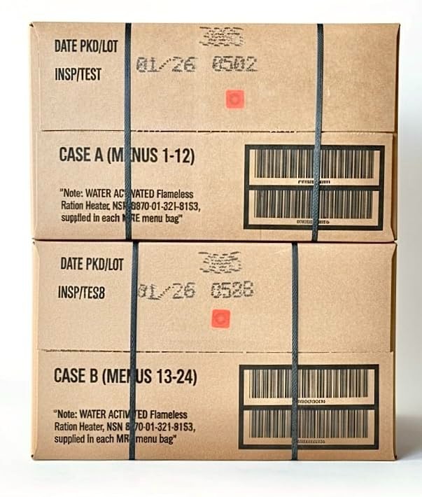 MRE 24 Meals Ready to Eat A and B bundle menus 1-24 2026 Cases Genuine Military