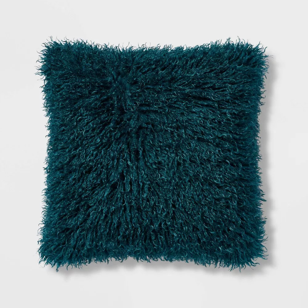 Euro Faux Mongolian Fur Decorative Throw Pillow Dark Teal Blue - Threshold