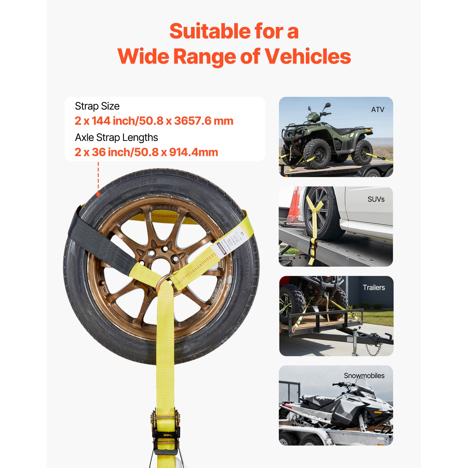 4 Set Wheel Chock Tie-Down Kit Flatbed Ratchet Tie Down Strap w/Spring Hooks