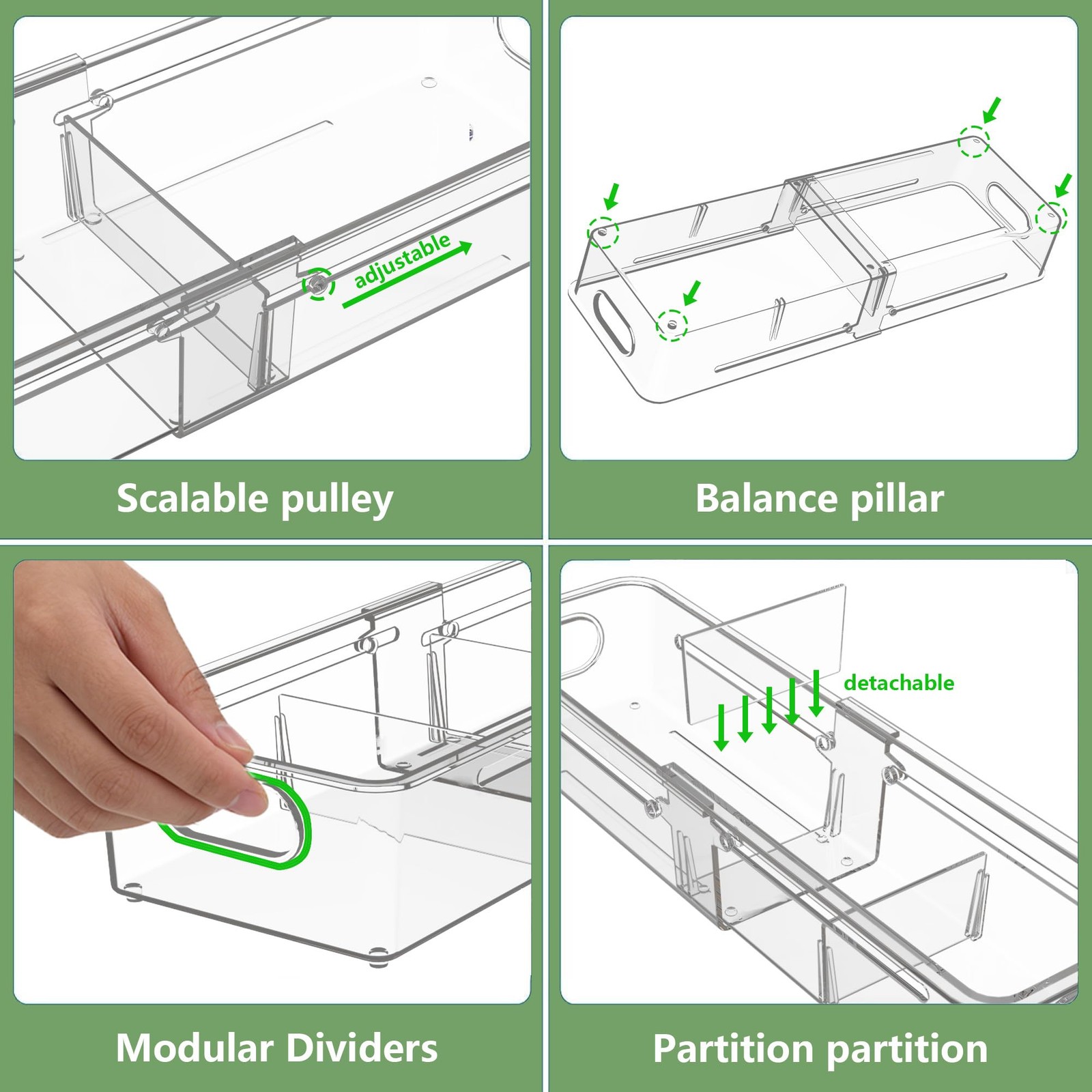 4-in-1 Expandable Drawer Organizer Set, Adjustable Clear Bins