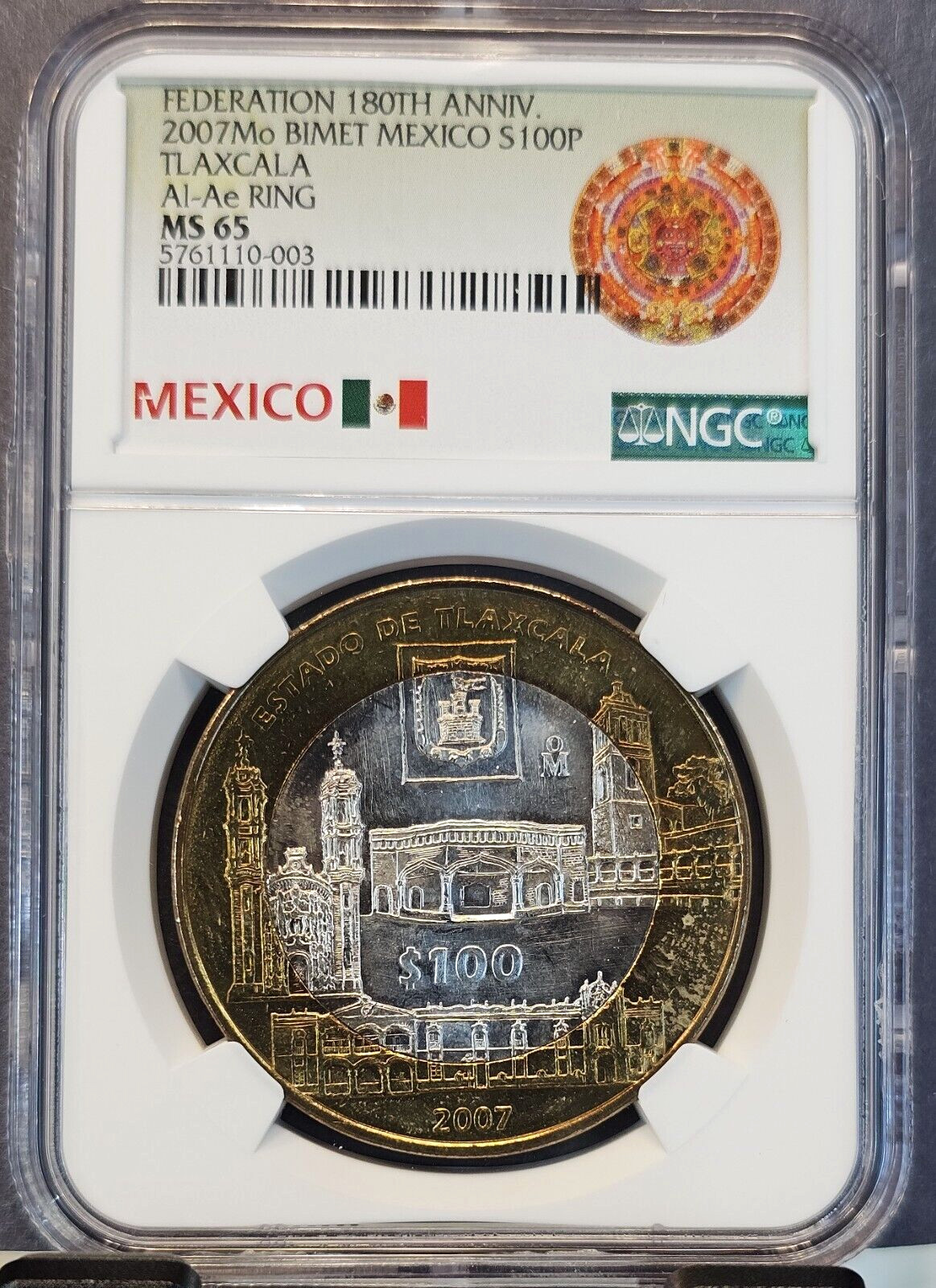 2007 MEXICO SILVER 100 PESOS S100P TLAXCALA NGC MS 65 GEM BU COIN
